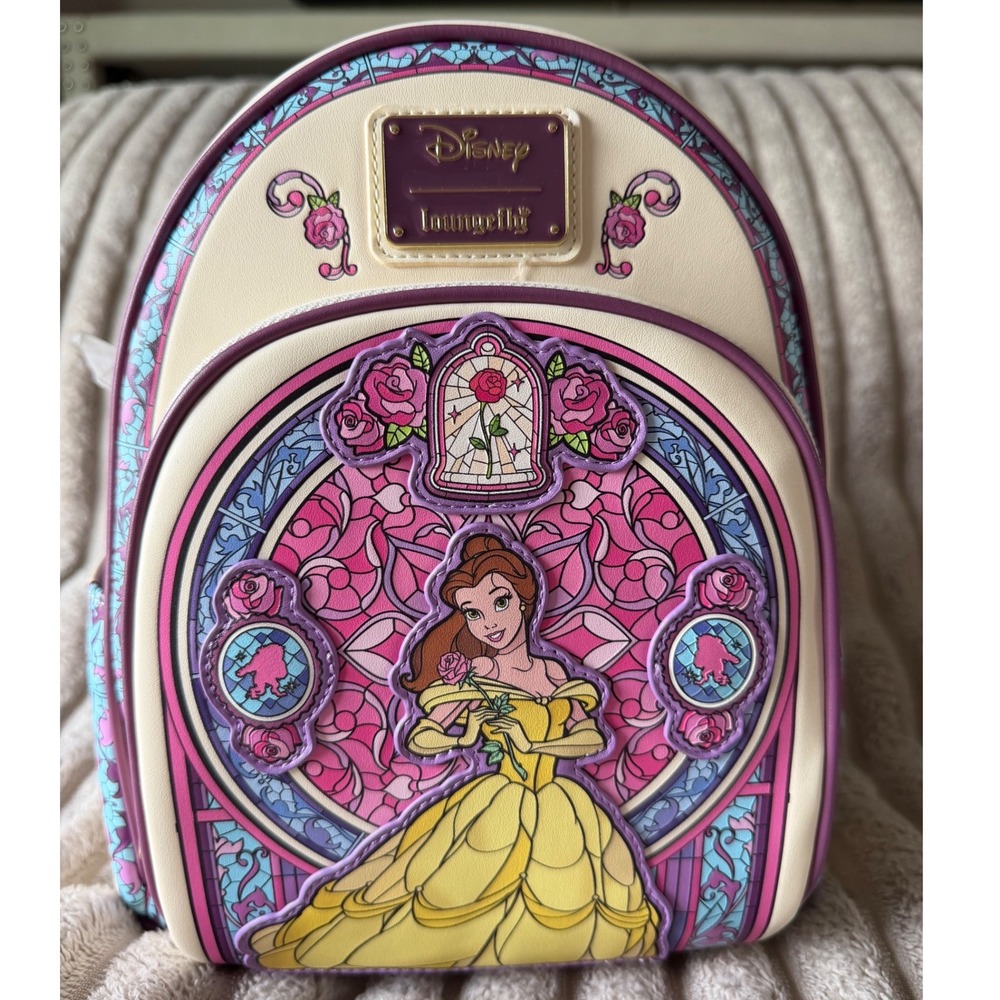 Disney Loungefly Belle Stained Glass Mini Backpack Beauty and the Beast Cream